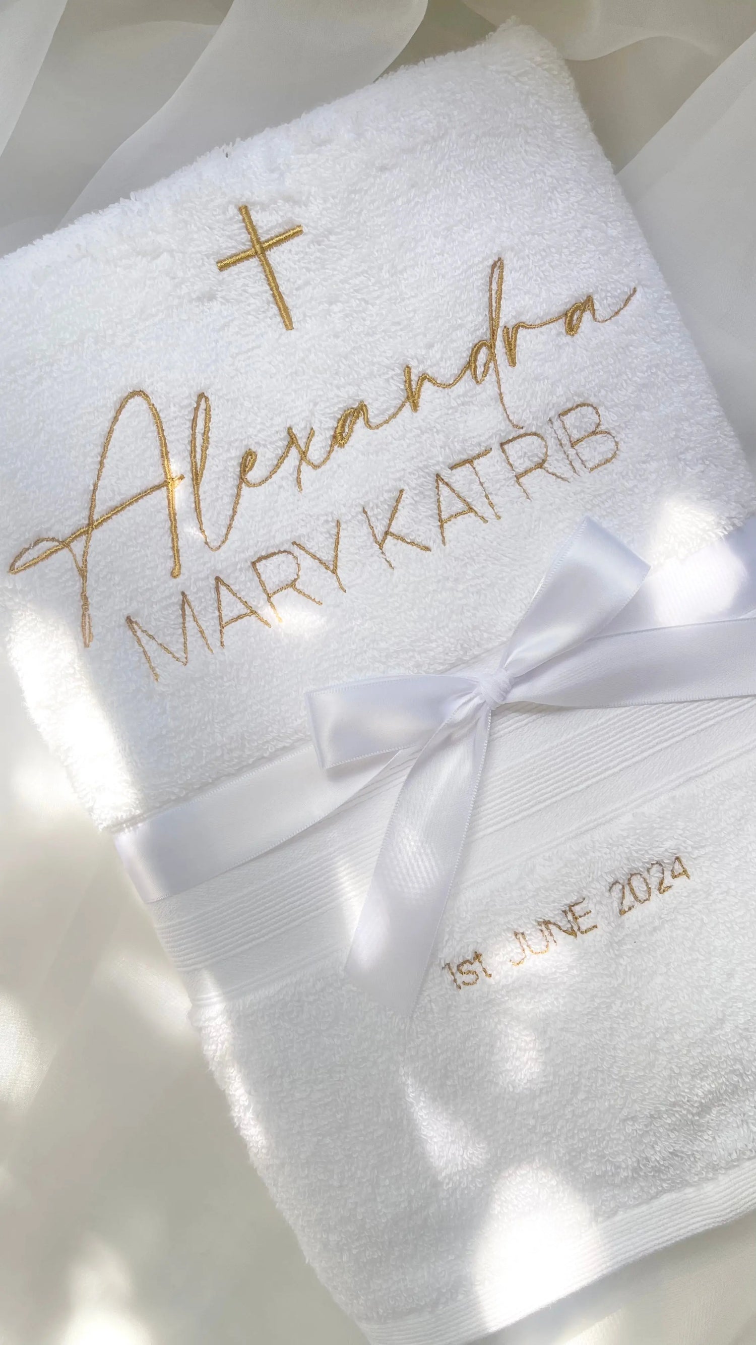 Personalised White Bath Towel with A Gold Catholic Cross, Alexandra Mary Katrib, 1st JUNE 2024. Full Name and Date. 